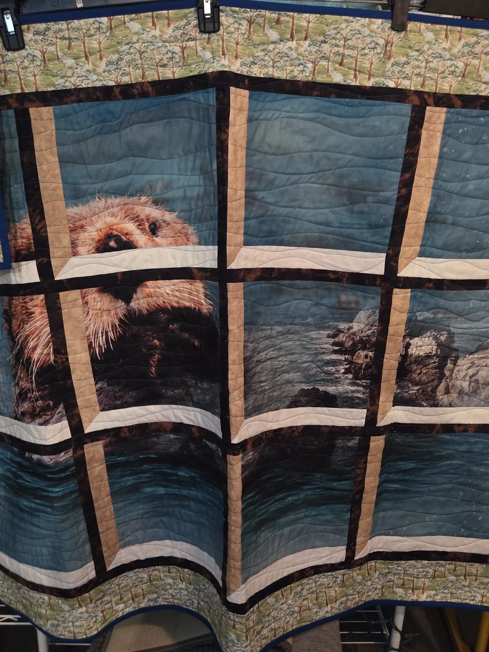 Coastal Otter Patchwork Throw Quilt in Blue and Cream